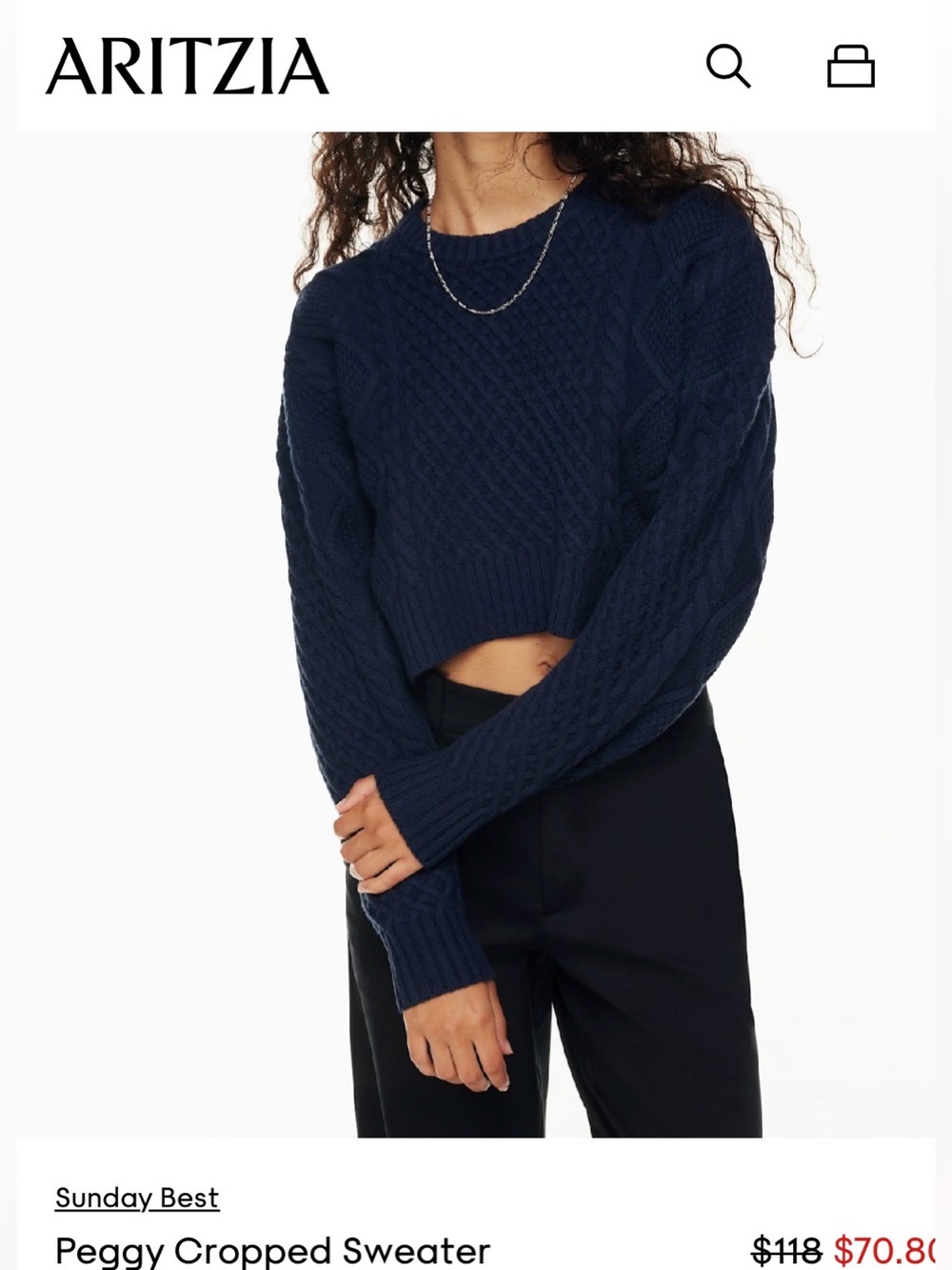Sunday Best Navy Cable-Knit Cropped Crew Sweater